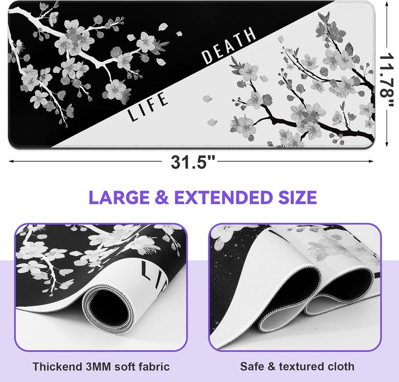 DIGSOM Mouse Pad Gaming Keyboard Pad 31.5 x 11.8 in Gaming Mouse Pad with Anti-Slip Rubber Base and Stitched Edges, Japanese Life Death Keyboard Mat(Black with White Cherry Blossom) - Image 2
